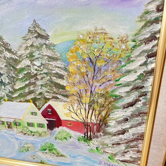 Original Artwork Framed Winter Village Scene Painting By B. Hummer - Picture 5 of 9